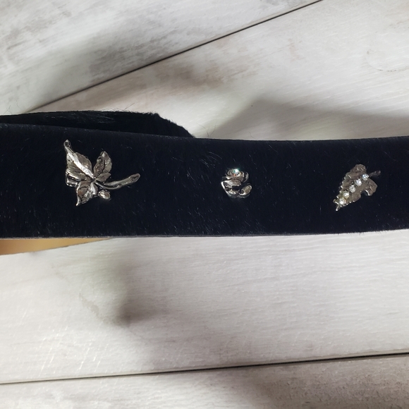 Berge Black Pony Hair Calf Hair Belt Silver Botanical Details Buckle Boho Edgy - Picture 10 of 15